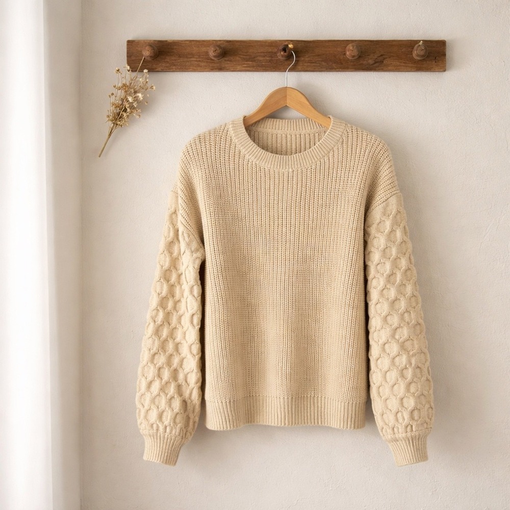 Unbranded Chunky Knit Sweater Womens Medium Beige Oversized Honeycomb‎ Sleeve EX